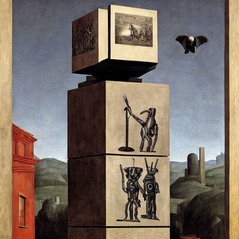 Surrealist Painting: Anthropomorphic Figures in Cube Tower, Bird Flying Over Desert Landscape