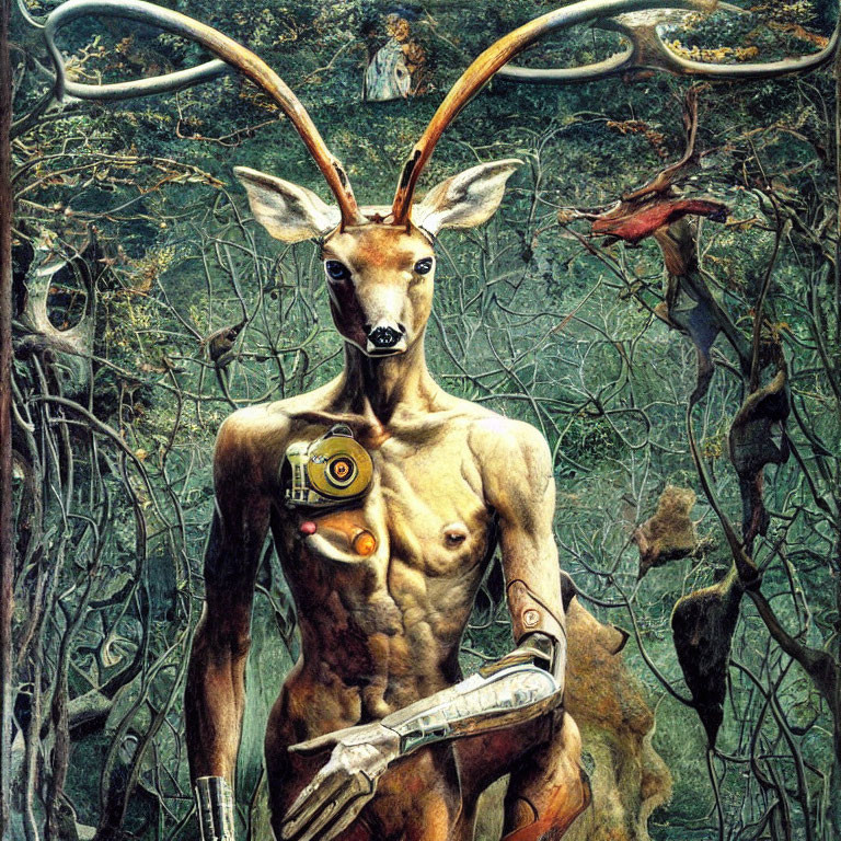 Surreal humanoid creature with deer head and robotic body in forest.
