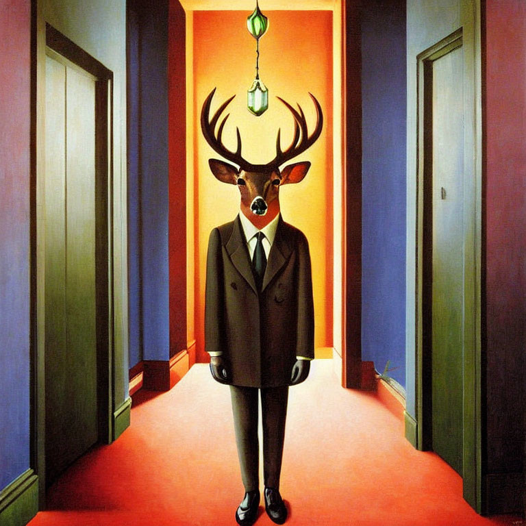 Surreal painting of deer in suit in vibrant hallway