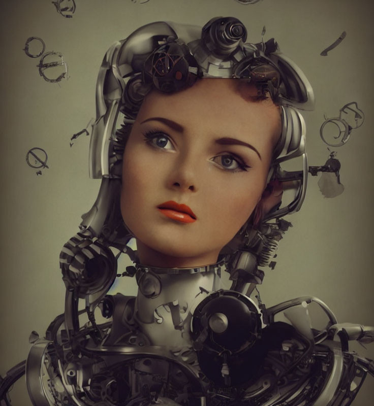 Female android with intricate mechanical parts and gears on neutral background