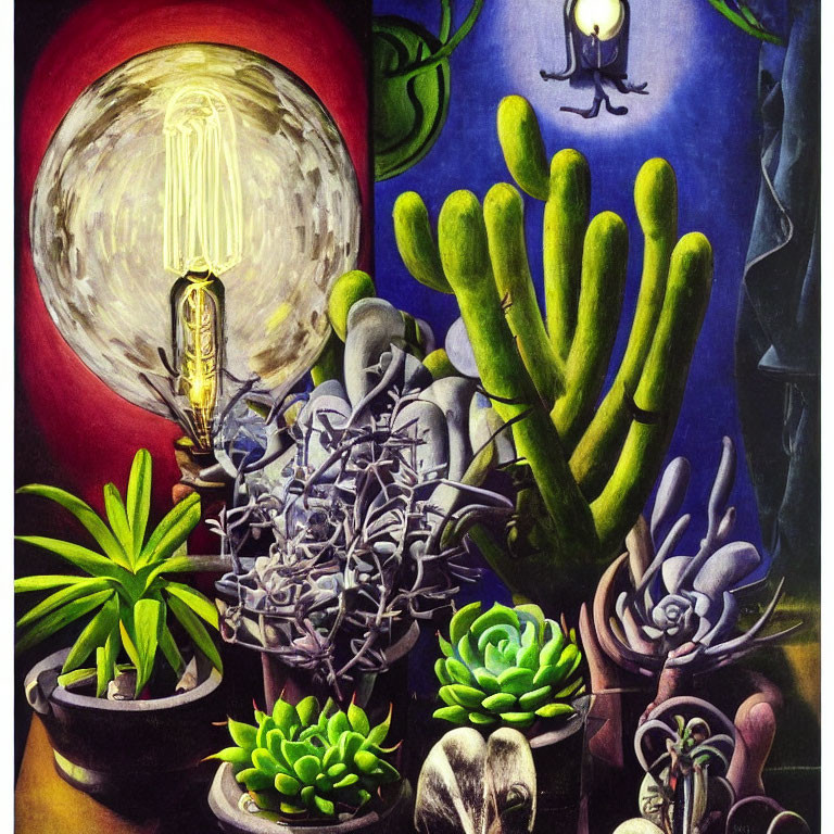 Surreal artwork of plants in pots with illuminated light bulb, moon, and silhouette