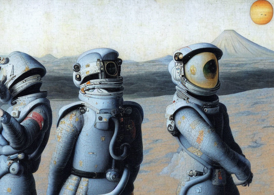 Three Astronauts on Barren Landscape with Orange Planet/Moon