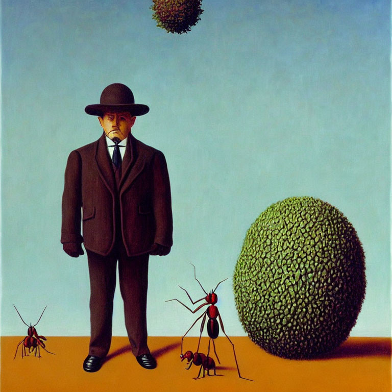 Surrealist painting with man in suit, ants, and green sphere on blue sky.