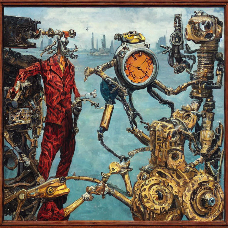 Steampunk-style painting with anthropomorphic machines and clock-faced figure interacting.