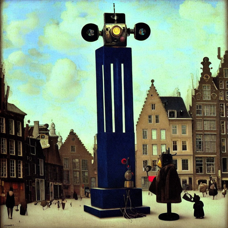 Surreal painting of robotic structure in European town square