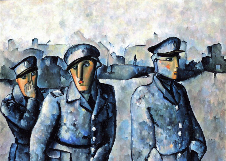 Abstract painting featuring three figures in blue uniforms against a city backdrop.