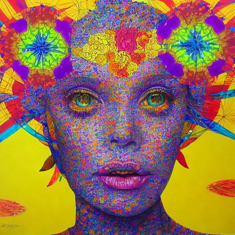Colorful Portrait of Figure with Multicolored Skin and Flower Headdress