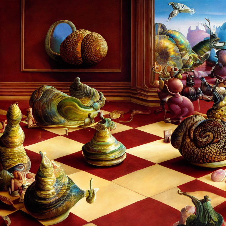 Surreal painting featuring diverse snails with ornate shells in a checkered-floored room