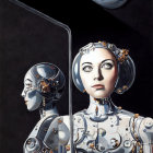 Artwork featuring two robot figures divided by reflective surface