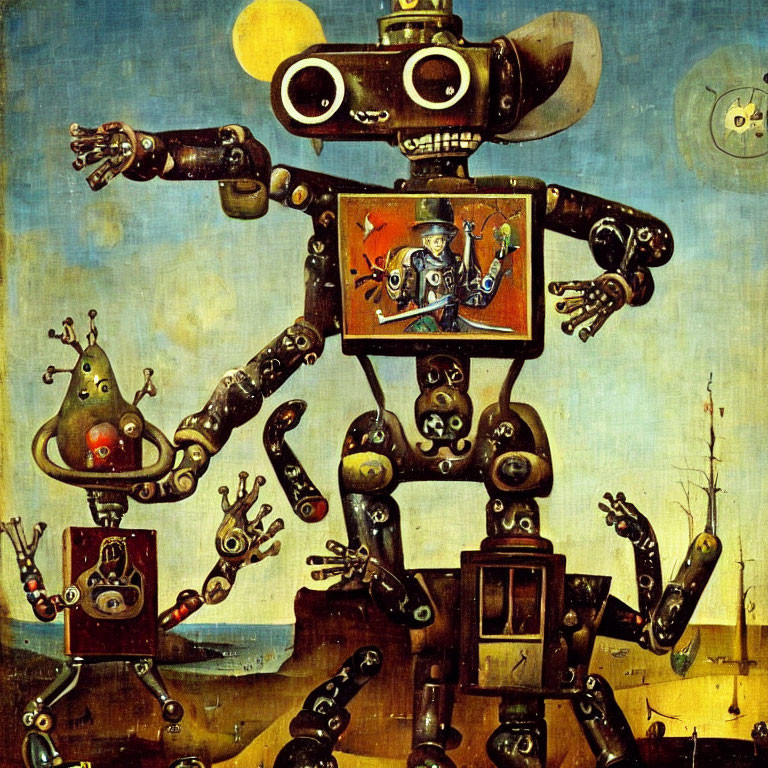 Multifaceted robot painting with knight and floating figure under surreal sky