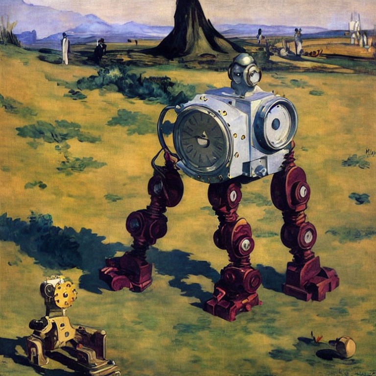 Surreal humanoid robot painting with scattered parts in a landscape