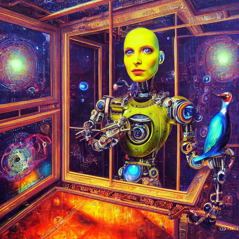 Colorful futuristic humanoid robot with yellow head and intricate body beside blue bird on geometric background
