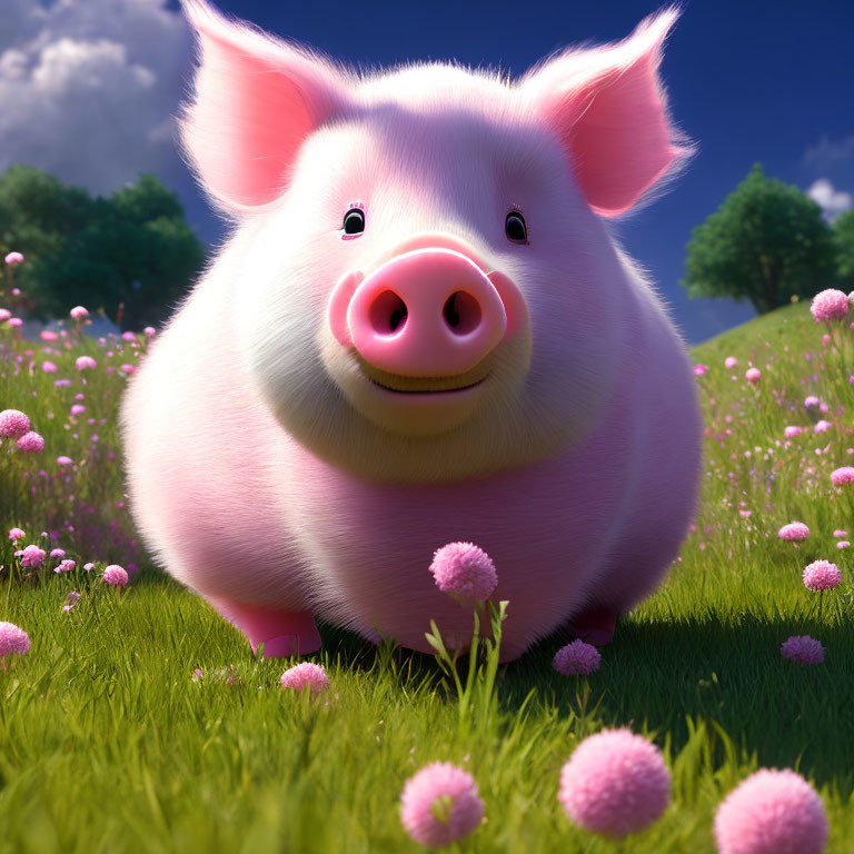Pink pig in sunny meadow with flowers and blue sky