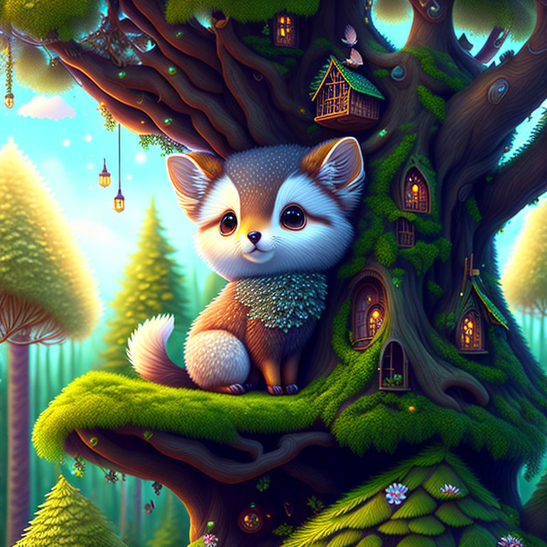 Illustration of wide-eyed fox on magical tree in enchanted forest