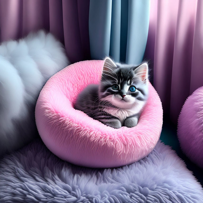 Gray kitten with blue eyes in pink bed with soft textures