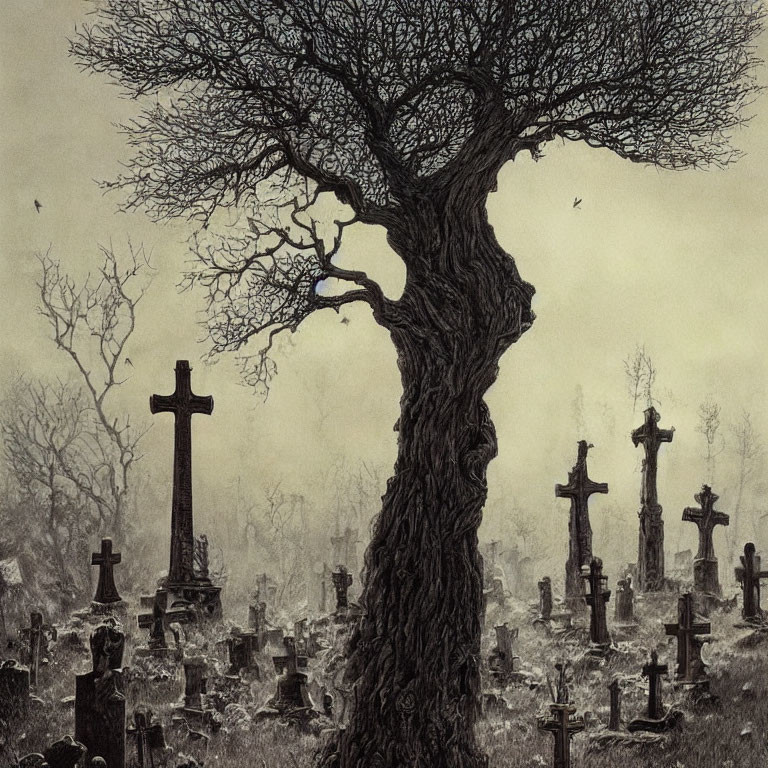 Monochrome illustration of gnarled tree in cemetery under gloomy sky