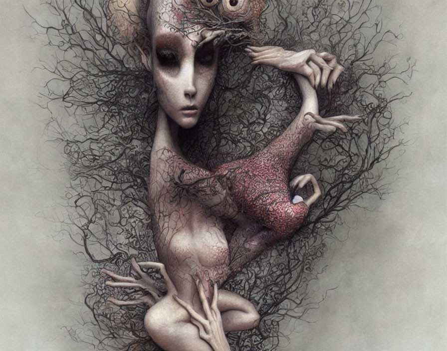 Surreal humanoid figure with elongated limbs and branches in monochrome palette