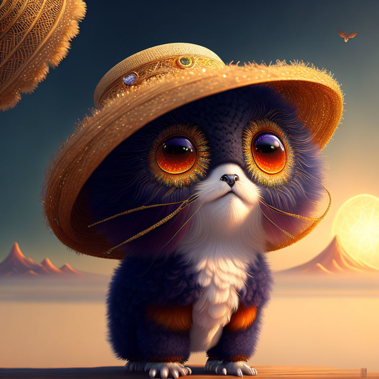 Whimsical creature with expressive eyes in sunhat on fantasy landscape
