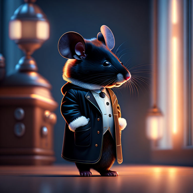 Anthropomorphic Mouse in Coat in Dimly Lit Room with Classical Furniture