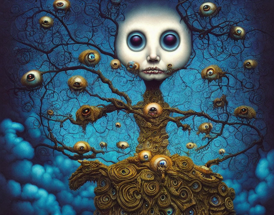 Surreal figure with tree trunk body and eye branches on starry blue background