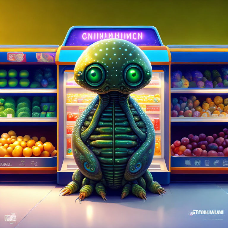 Colorful fruit stand with animated alien and Cyrillic-like text
