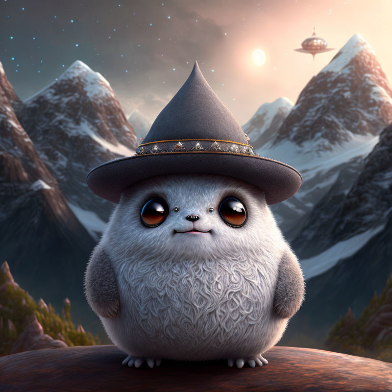 Fluffy creature in hat with large eyes, snowy mountains, sunset, flying saucer