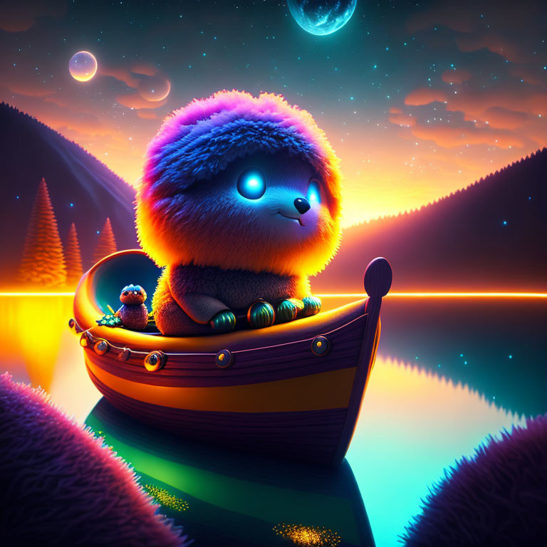 Fluffy Creature in Boat on Luminous River With Two Moons