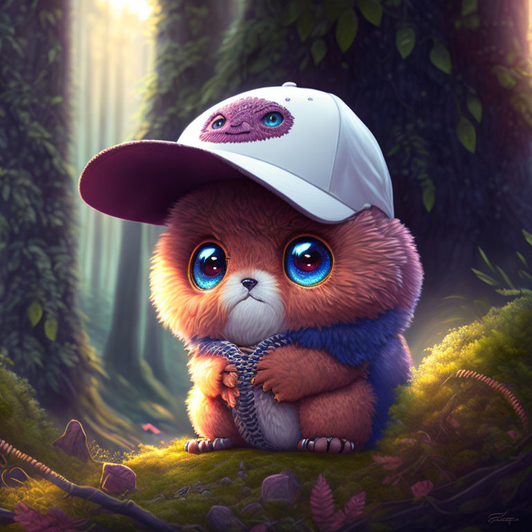 Fluffy orange creature with blue eyes in forest setting