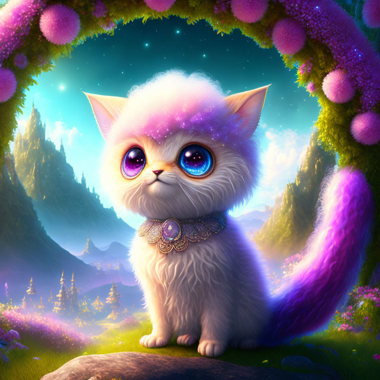 Purple fantasy kitten with blue eyes in magical forest with glowing flowers