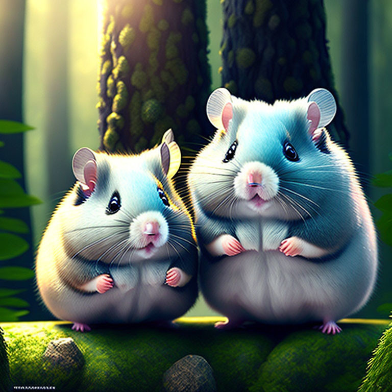 Plump cartoon hamsters in lush forest scenery