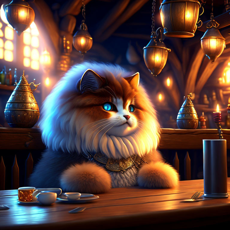 Fluffy cat with blue eyes at bar with lanterns, mug, and saucer