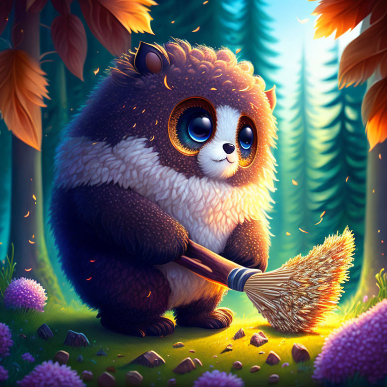 Fluffy panda-like creature with broom in magical forest with purple flowers