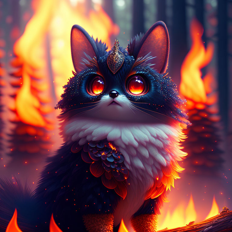 Mystical cat digital artwork with fiery orange eyes and feathers against flames
