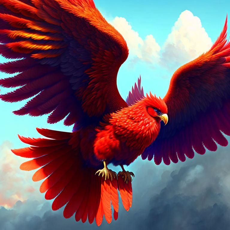 Vibrant red phoenix with spread wings in blue sky