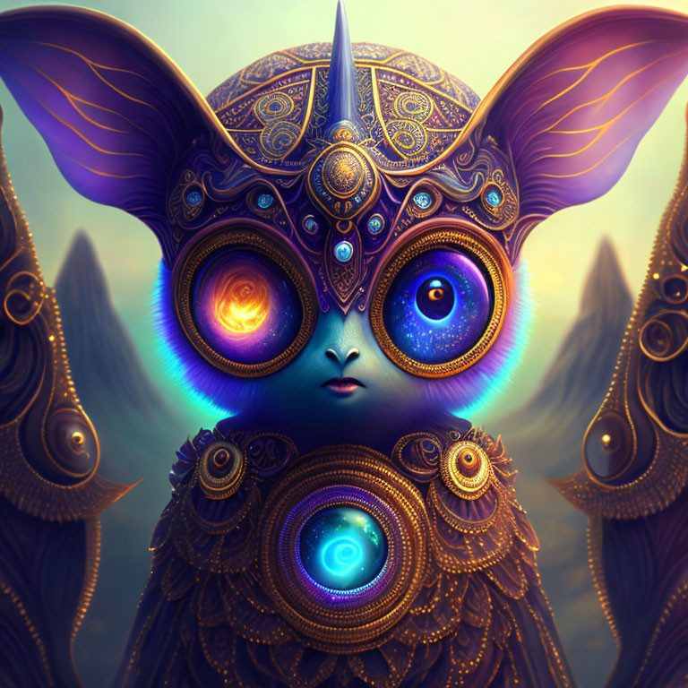 Whimsical creature with expressive eyes and jewel in forehead against misty hills