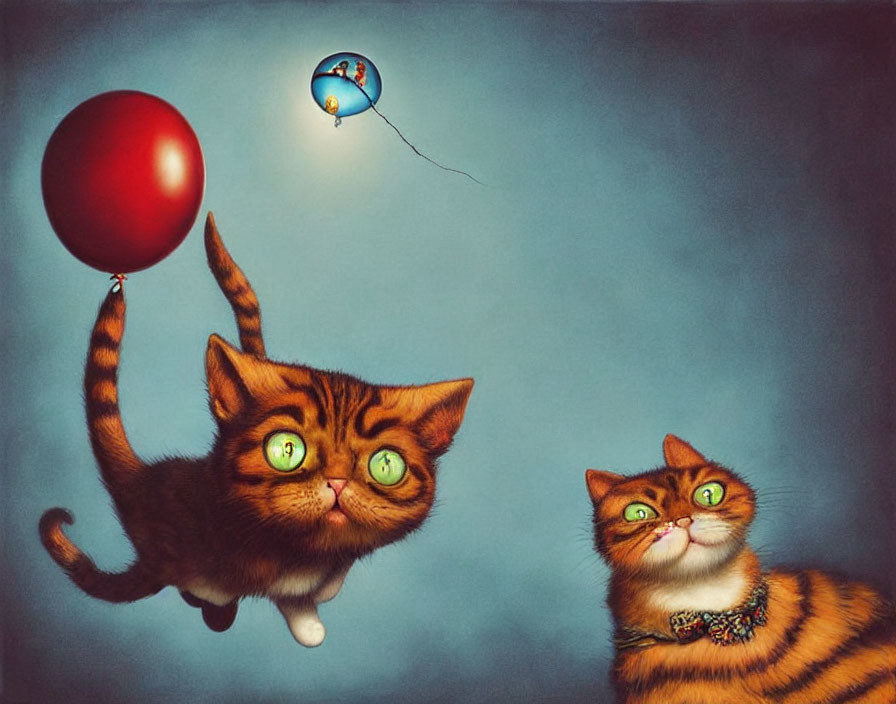 Whimsical cats with oversized green eyes and red balloon on blue background