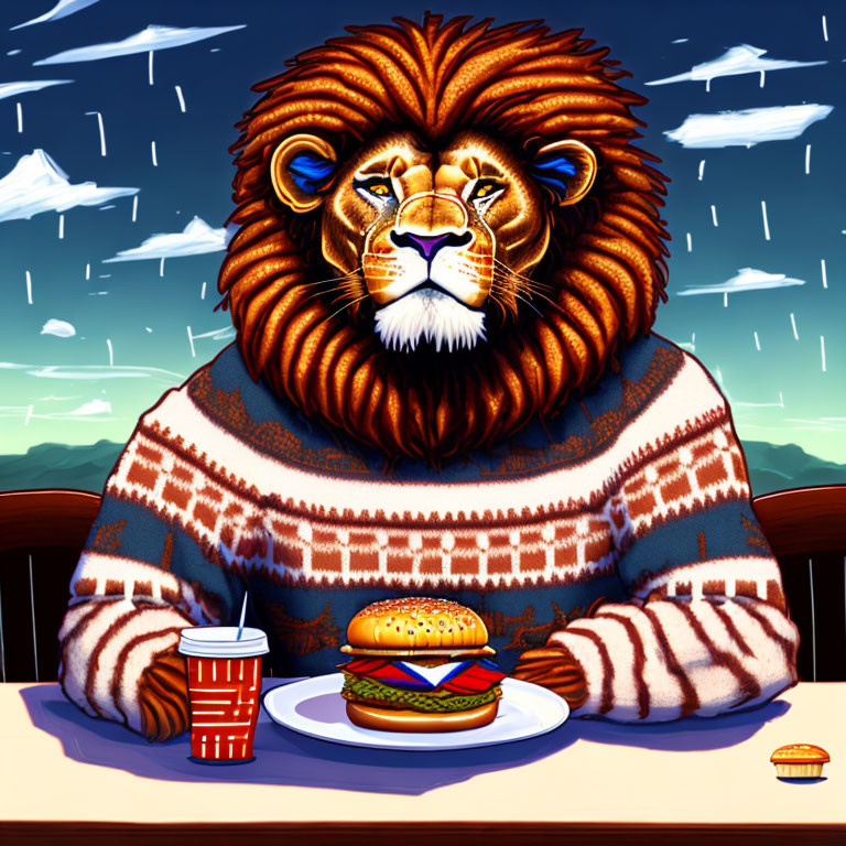 Lion in sweater with burger, fries, and drink under starry night sky.