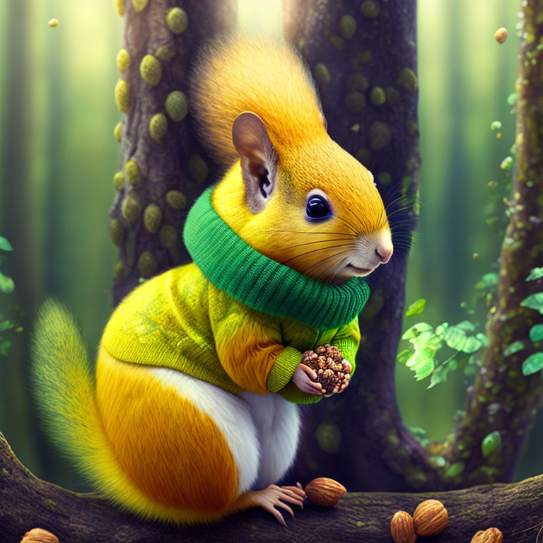 Anthropomorphized squirrel in green sweater and scarf with acorn in lush forest