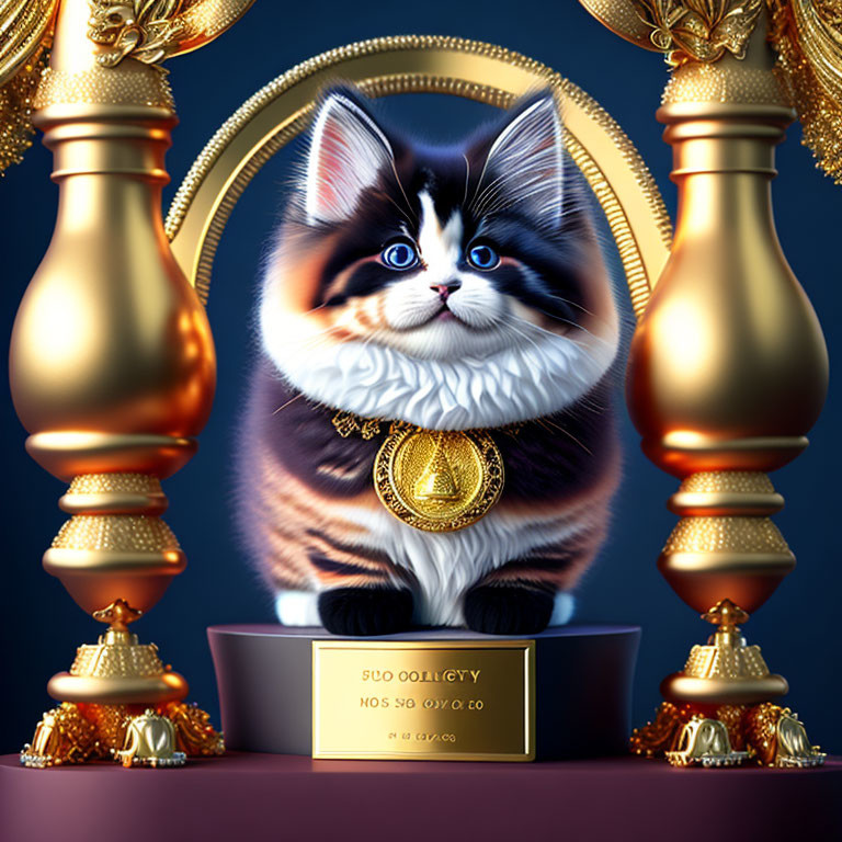 Fluffy tuxedo cat with blue eyes in gold medallion frame.
