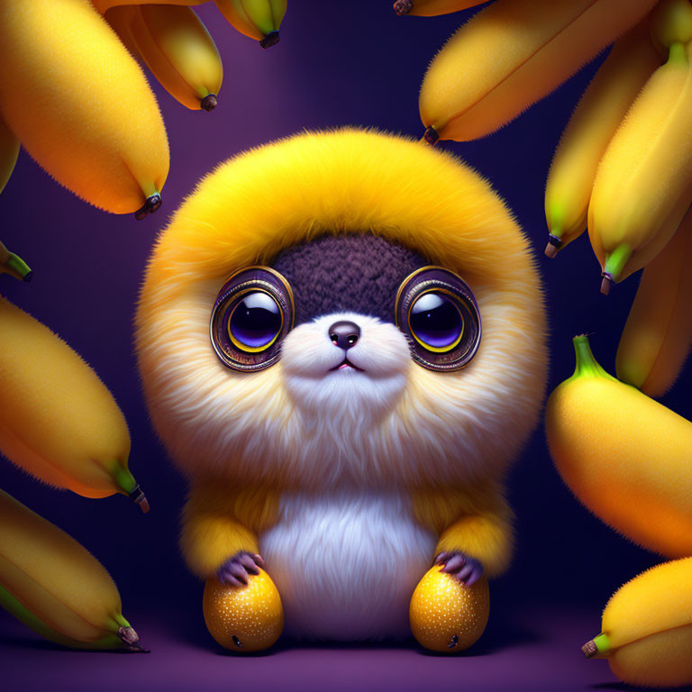 Fluffy animated creature with big eyes and bananas on purple background