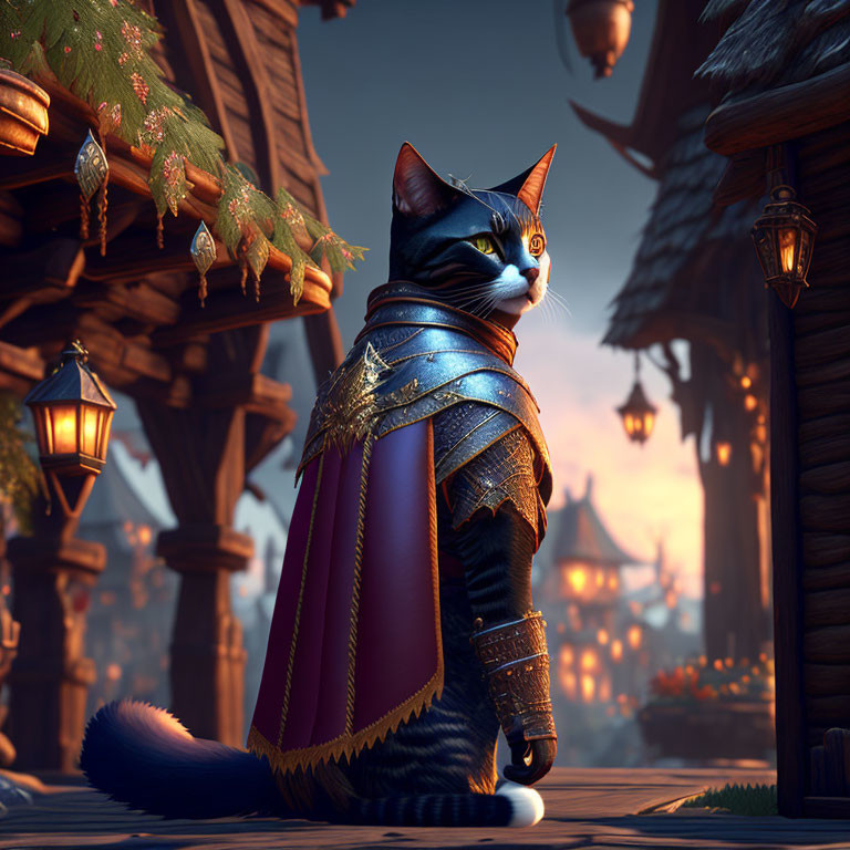 Fantasy village scene with armored cat at dusk