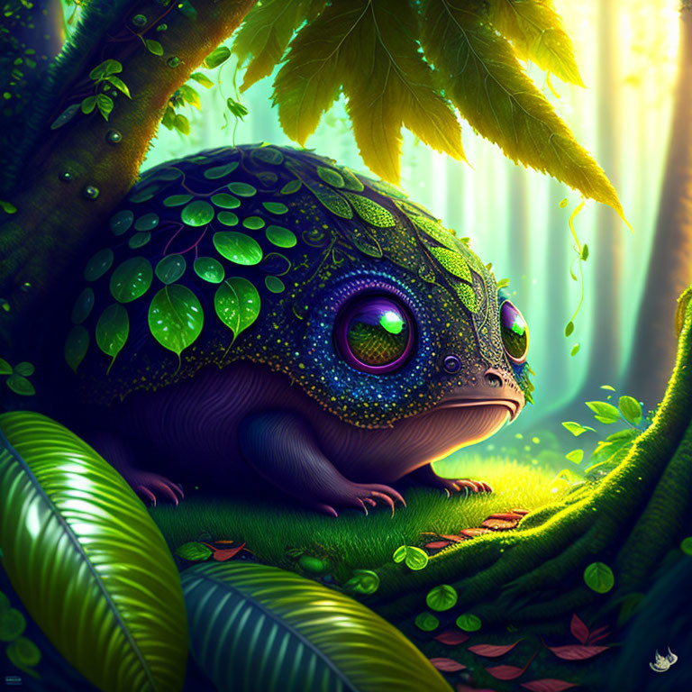 Whimsical frog and armadillo creature in lush forest