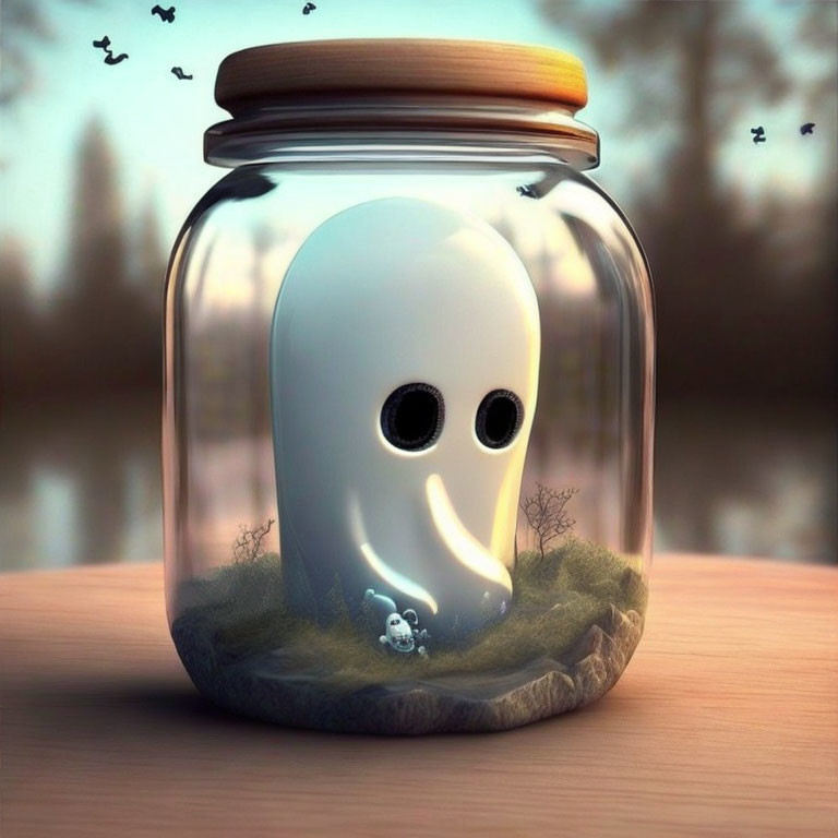 Ghost-like figure trapped in glass jar with wooden lid, surrounded by tiny world.