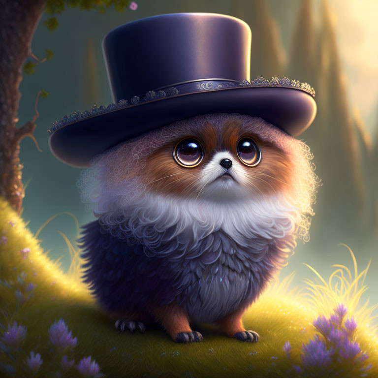 Whimsical fluffy dog creature in top hat among purple flowers