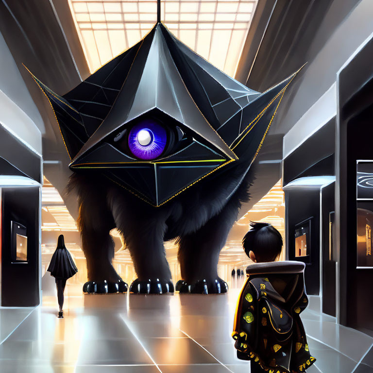 Furry creature with eye-shaped structure in futuristic hallway with child.