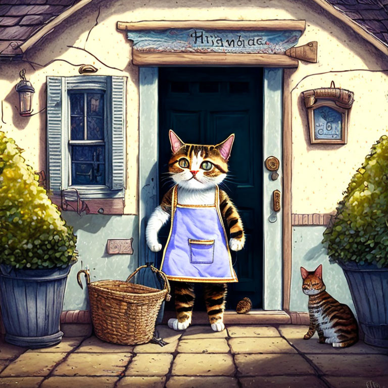 Two cats in aprons meet at "Hirnida" cottage doorway