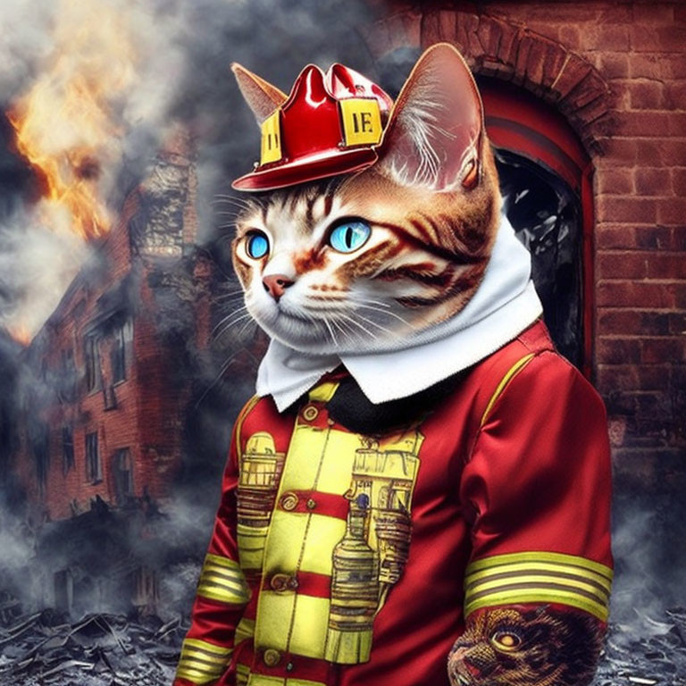 Digital artwork of cat in firefighter gear in fiery scene