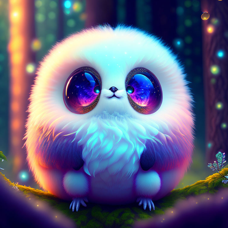 Fluffy round creature in magical forest with glowing lights