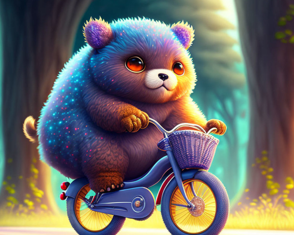 Blue bear with star pattern riding bicycle in sunlit forest