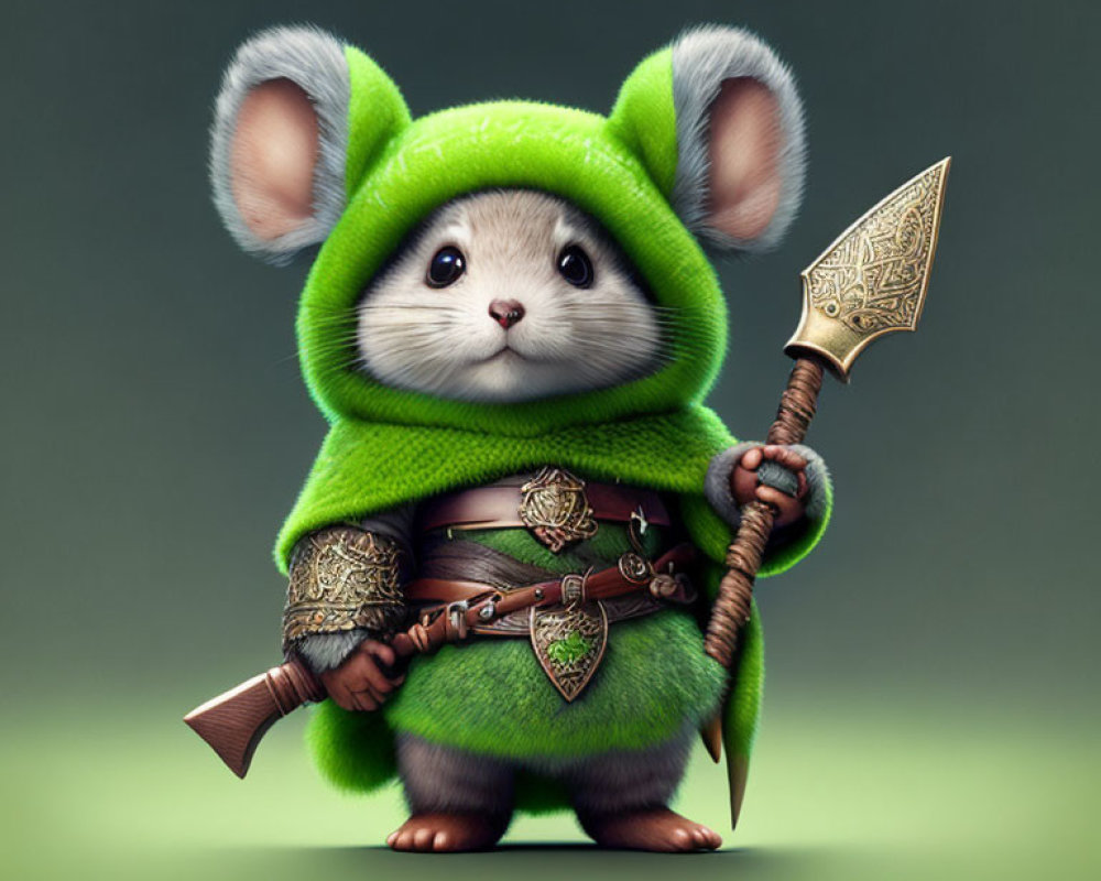 Fantasy warrior mouse illustration in green cloak and armor with spear